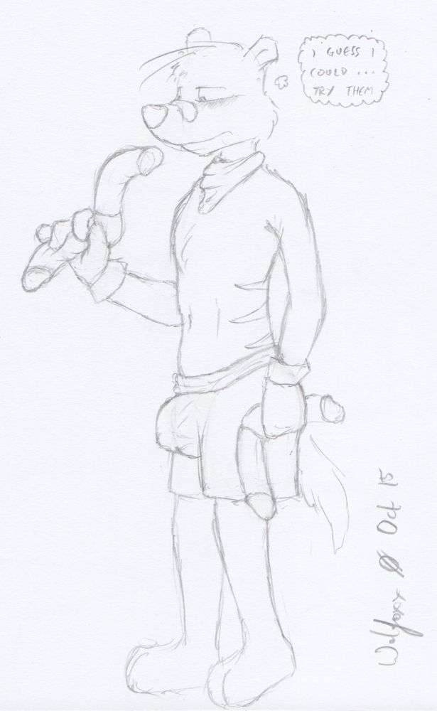 A furry drawing of Ty, a Tasmanian Tiger looking at his dildo-boomerangs thinking about using them.