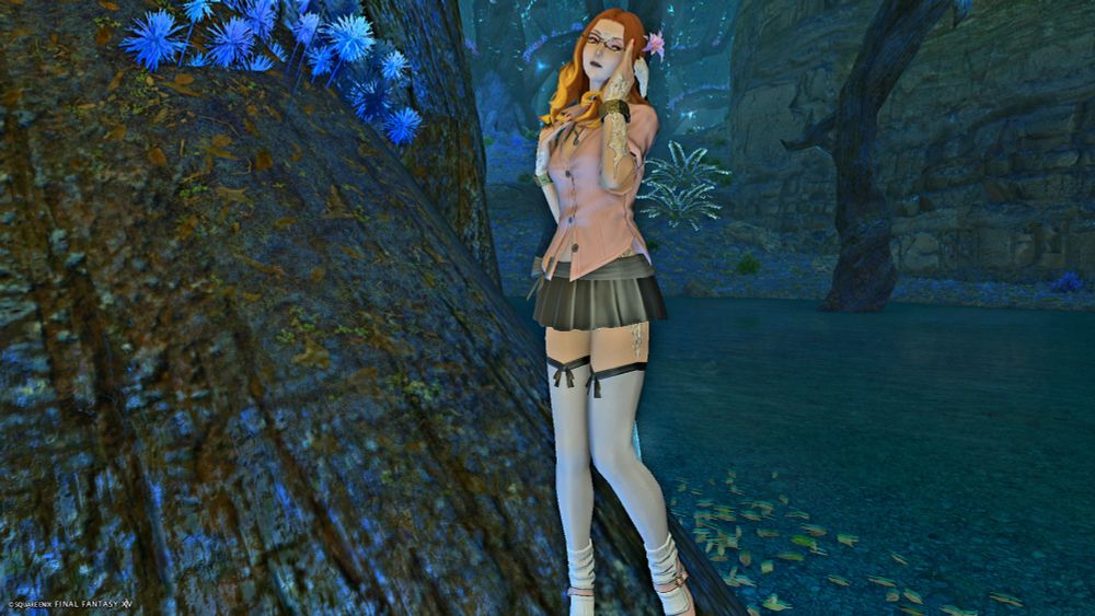 Lucy the small ginger Au Ra stands in a forest wearing a pink shirt, black skirt, and pink shoes

Gunmetal black dye is great for making things look like they're made out of leather