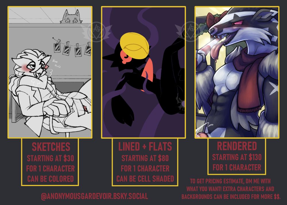 sketches starting at $30 for 1 character, can be colored
Lined and flats starting at $80 for 1 character, can be cel shaded
rendered starting at $130 for 1 character
to get pricing estimate, dm me with what you want! extra characters and backgrounds can be included for more $$.