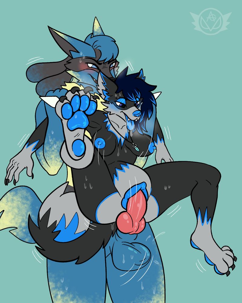 A lucario holds a husky woman by the arms and fucks her cookie