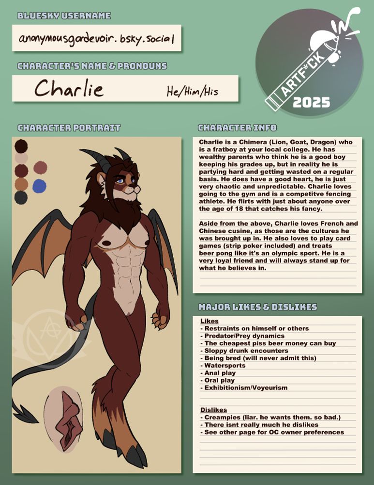 chimera fratboy with red and orange tones. lion head, goat horns, goat hooves, dragon wings and dragon tail. has t-dick and top surgery scars.