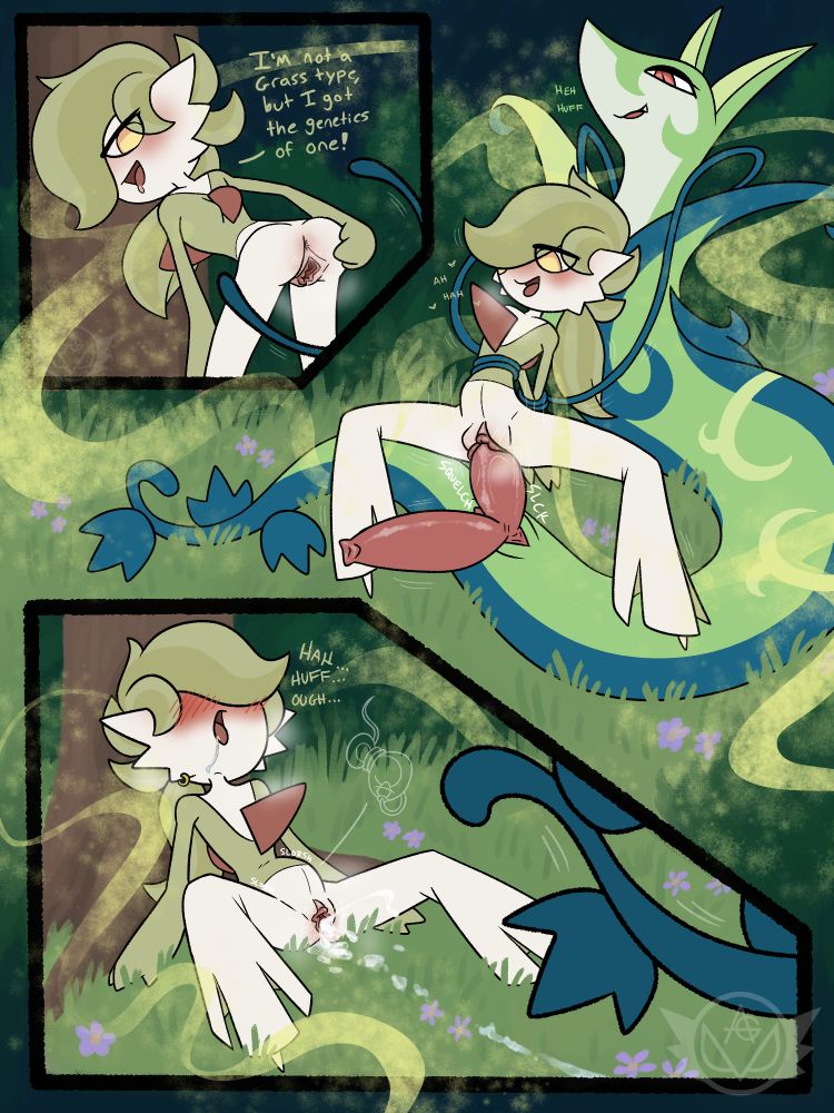 panel 1: Garde bends over, spreading his pussy with one hand and looks back to see two vines reaching for his body. "im not a grass type, but i got the genetics of one!"
panel 2: A shiny serperior has bound garde's waist and wrists with his vines, and uses them to raise and lower garde's body on his hemipenis.
panel 3: serperior slithers away, leaving a cumflated Garde behind, panting and drooling while the cum gushes from his pussy. there is a small illustration of an egg being tied up and penetrated by a sperm.