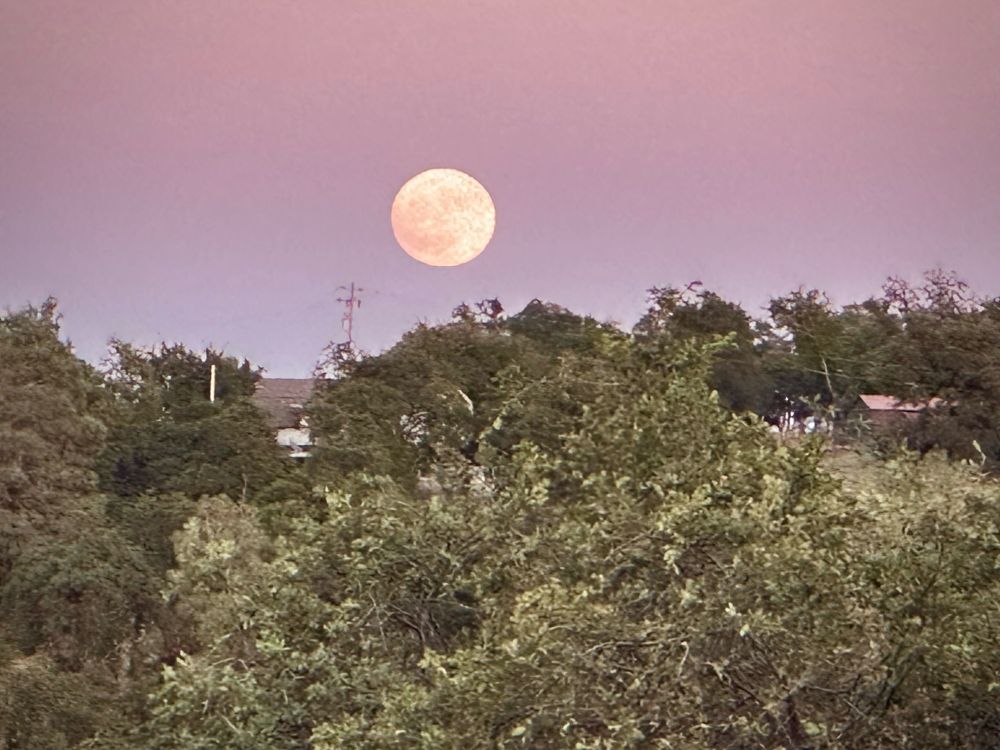 Vivid full moon over trees and a house.