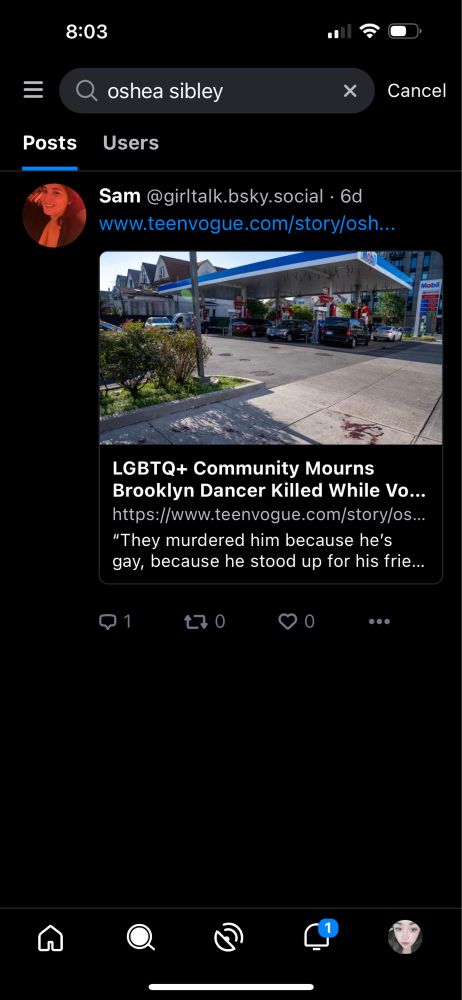 Search results for O’Shea Sibley who was murdered for voguing with his friends at the gas station. One result appears. 