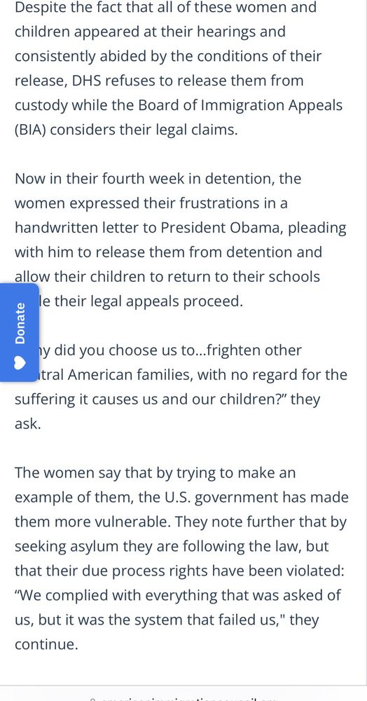 Article on women and children writing Obama pleading with him (which will be ignored) after four weeks in detention. 