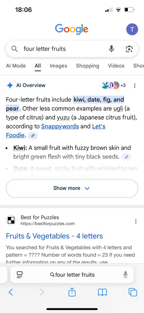 Google AI results that show their AI apparently thinks Fig is a four letter word 😂