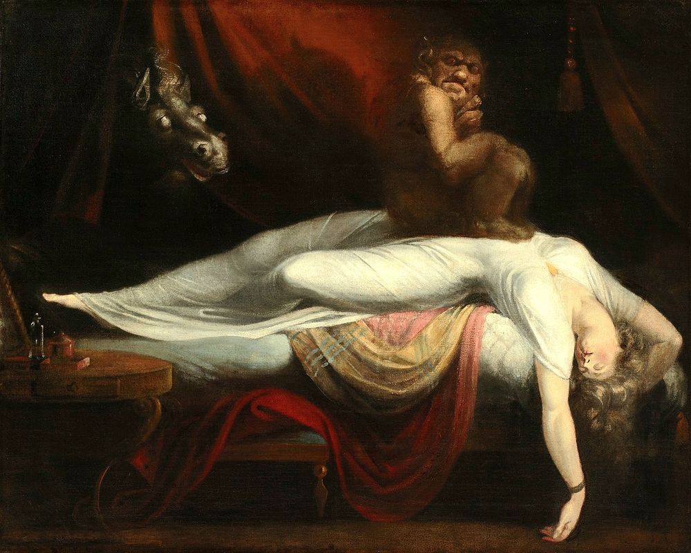 A demon sits on top of a sleeping woman who cannot wake