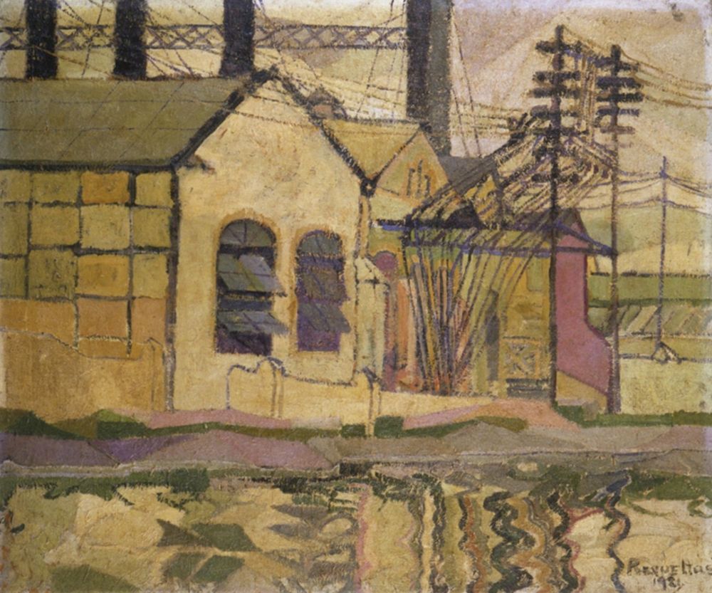 a painting mostly in tones of ochre of a single-story building with a pitched roof. it is connected to another similar building. to the right, we see poles bringing a dense skein of wires down to the ground, where they gather at a point. in the foreground at the bottom of an image is a body of water where the wires and the poles create a wavy reflection. in the background are four large black pillars -- perhaps smokestacks in the distance -- joined by a series of trusses.