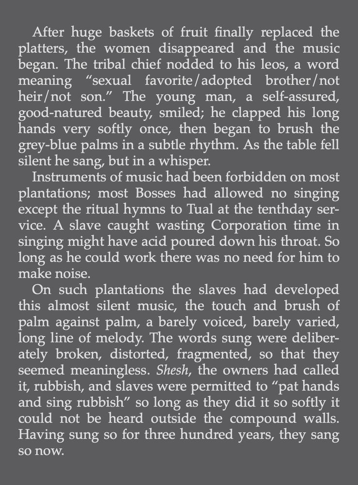 white text on a grey background describing a scene from a book in which a group of enslaved people make music on the plantation by gathering together and brushing their hands together to create an almost-silent rhythm, with whispered fragmented words on top of the rhythm