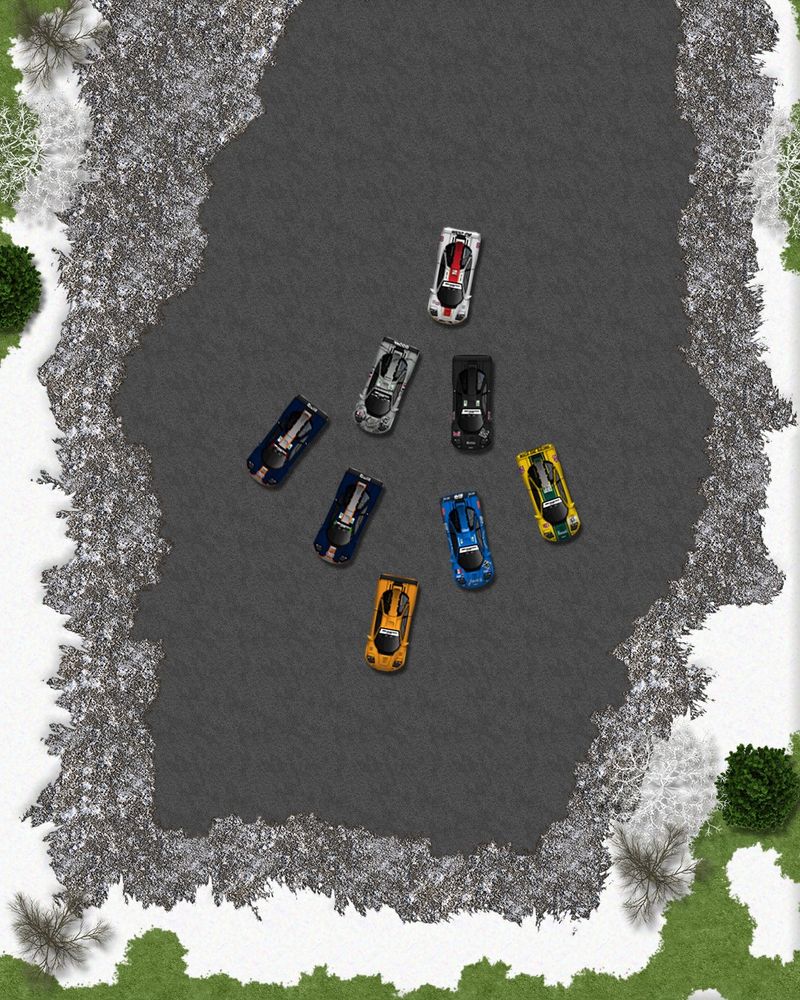 A picture of 8 race-spec '95 McLaren F1 GTRs in a Christmas Tree formation, parked on what appears to be a snowy makeshift parking site. The 7 liveried cars are actual entrants of the 1995 24 Hours of Le Mans race.