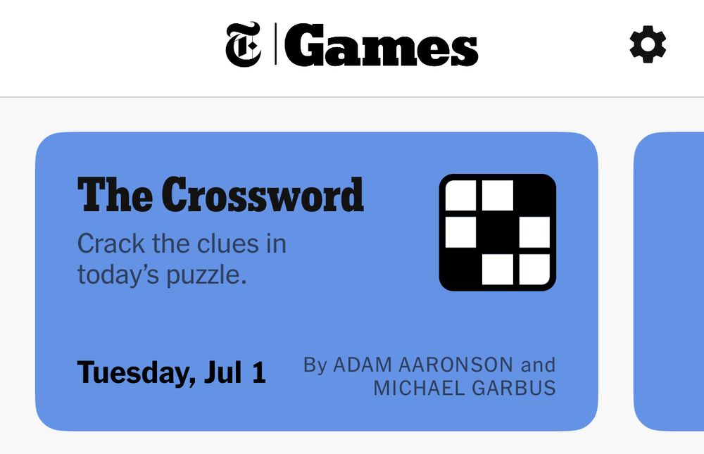 A screenshot of the New York Times Games app showing the Tuesday, July 1 crossword by Adam Aaronson and Michael Garbus