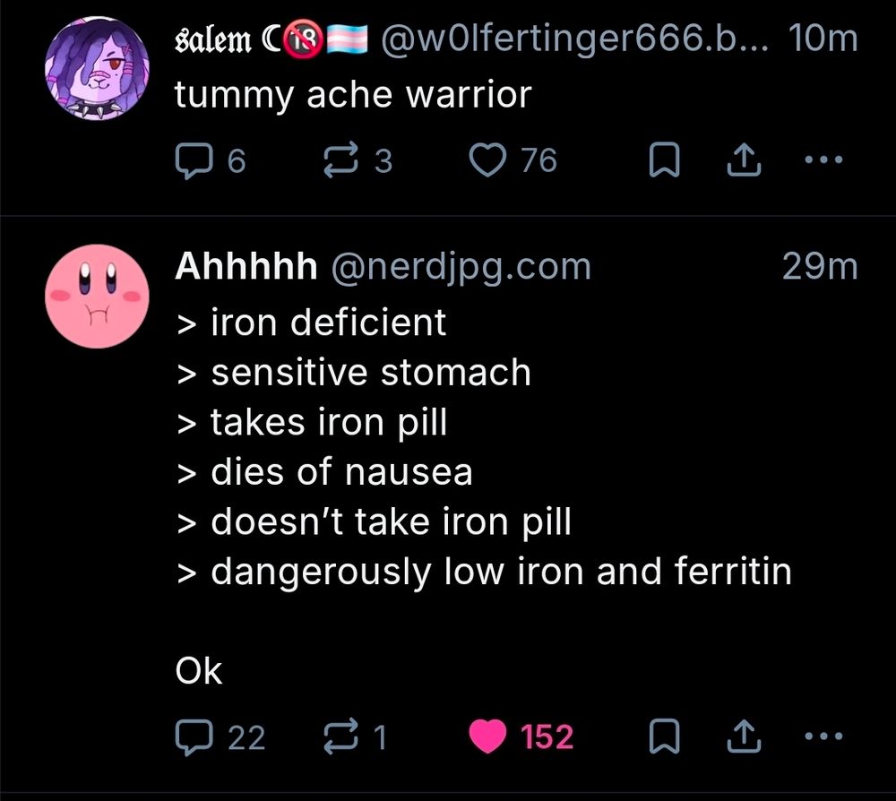 Two posts on blue sky, the first Salem posting "tummy ache warrior." The second, a post by @nerdjpg.com, in the style of bullet points:

- iron deficient
- sensitive stomach
- takes iron pill
- dies of nausea
- doesn't take iron pill
- dangerously low iron and ferratin

Ok