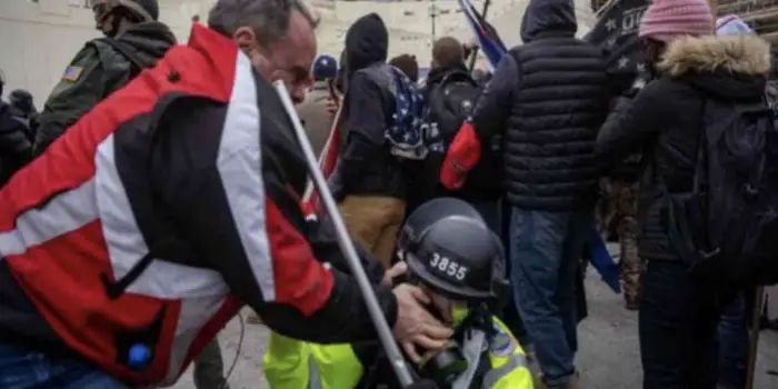 #eyegouger Thomas Webster, a retired New York City officer, was convicted of several felonies for attacking a Washington officer with a flagpole and tackling him to the ground on Jan. 6.