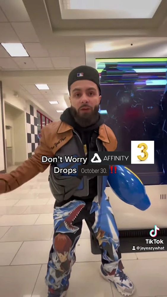 jay eazy running towrads the camera edited to say "Don't Worry (Affinity Suite Logo) 3 Drops October 30 !!"