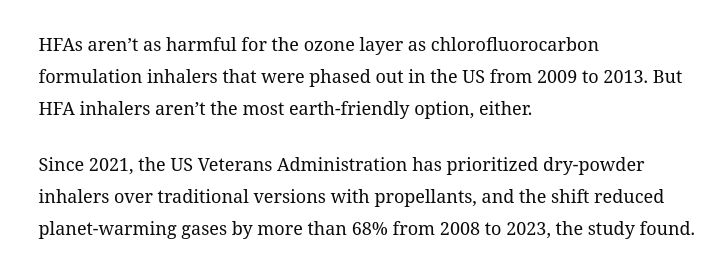 Since 2021, the US Veterans Administration has prioritized dry-powder inhalers over traditional versions with propellants, and the shift reduced planet-warming gases by more than 68% from 2008 to 2023, the study found.