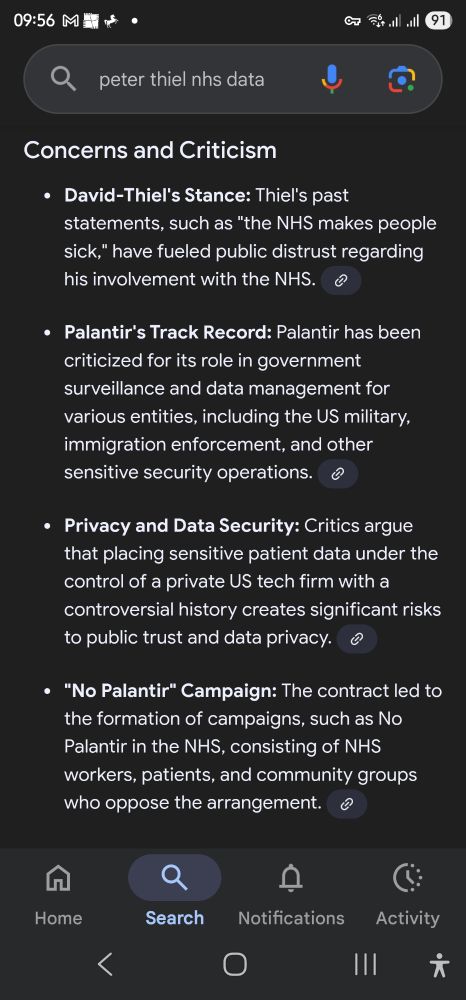 Lists of criticisms of Palantir accessing NHS data and alignment against the NHS and using data for mass selurveillance.