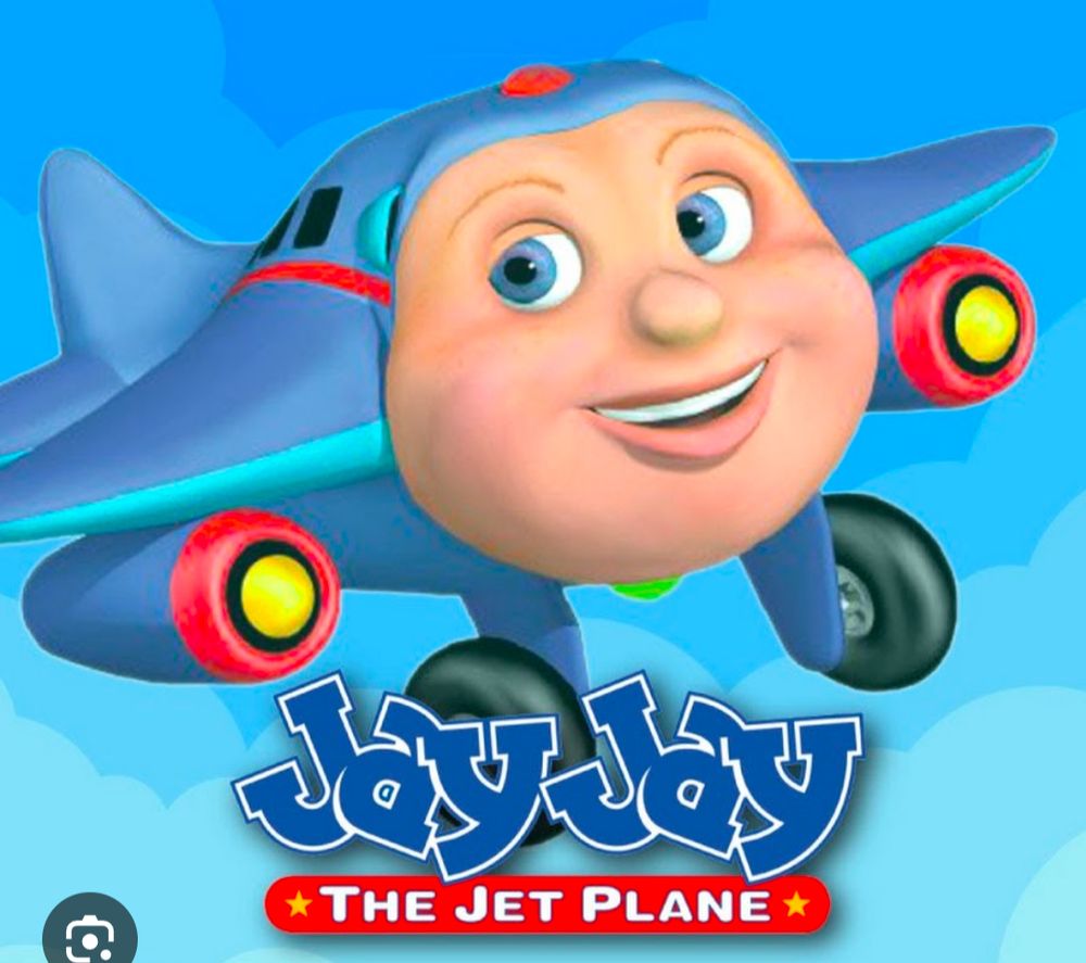 Jay Jay the jet plane is a blue, 3d cartoon airplane, inexplicably flying wheels down, with the face of a white man where the nose should be.  He's flying over blue skies, and his logo is superimposed at the bottom third. 