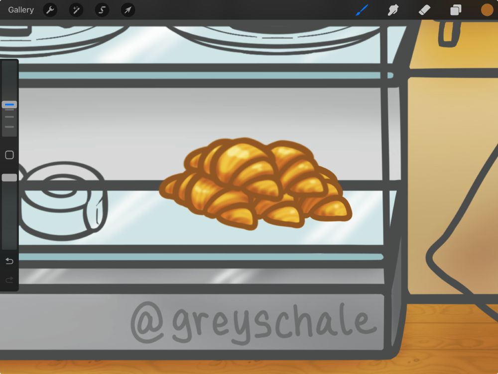 WIP digital illustration centred on a stack of croissants in a display case at a cafe.