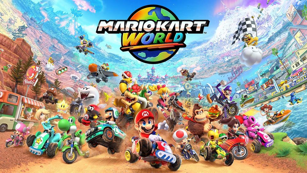 The keyart for Mario Kart World, featuring various Mario characters all driving towards the screen. The featured characters are Mario driving in a Standard Kart, Toad riding a bike, Luigi with a helmet on in a Kart, Yoshi on a bike, Rosalina in a Kart, Toadette on a Bike, King Boo on a bike, Biddybug in a Kart, Bowser in a Kart with a red shell, Peach on a Bike, Donkey Kong in a Kart holding a Burger, Koopa Troopa with a green shell in a Kart, Pauline on a bike, Birdo in a Kart, Waluigi on a HBike, Goomba Bowser Jr and Wario all soaring through the air in Karts, and Daisy, Spike and Penguin all riding the waves.