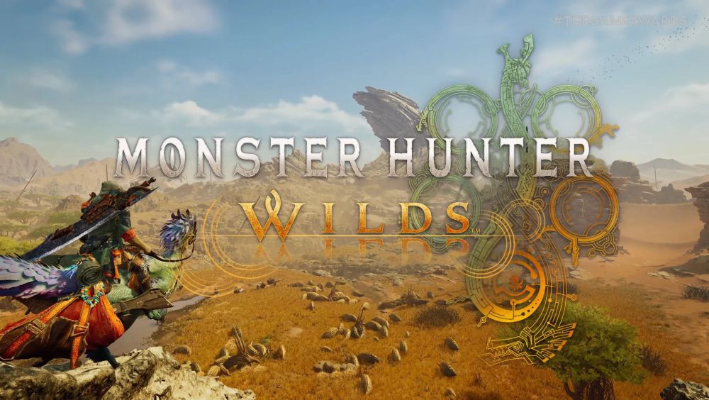 The keyart for Monster Hunter Wilds, featuring a custom character riding on top of a Seikret looking towards an open world desert area.
