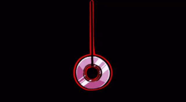 a cartoon drawing of a pink cd with a red stick attached to it