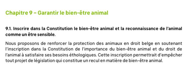 Capture d’écran du point 9.1. du programme Ecolo, traitant du bien-être animal