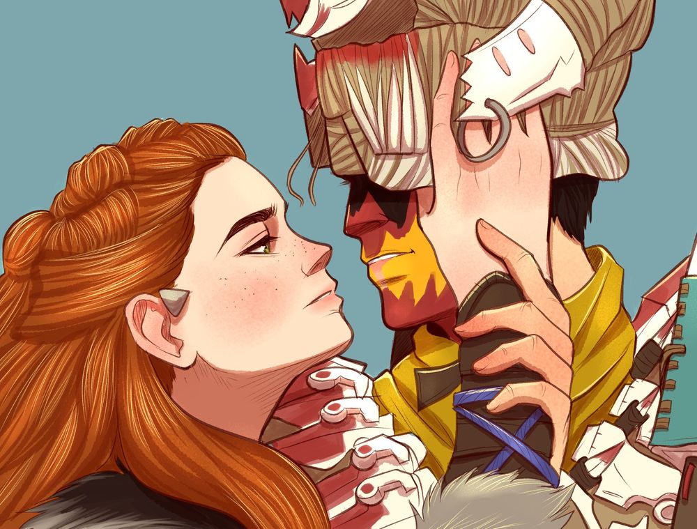 Fanart of Aloy and Nil from Horizon Forbidden West. Aloy is lifting Nil's mask off his head while he grasps her wrist.