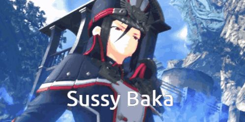 a video game character with the name sussy baka on the bottom right