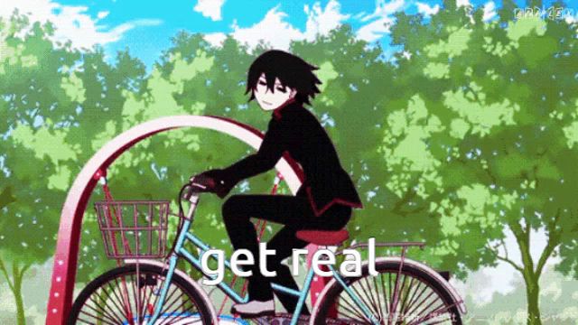 a boy is riding a bike with the words get real written on it