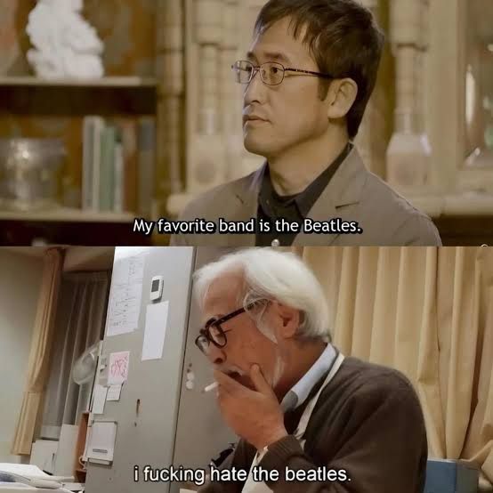 Top image: Junji Ito saying "My favorite band is the Beatles". 
Bottom image: Hayao Miyazaki saying "i fucking hate the beatles."