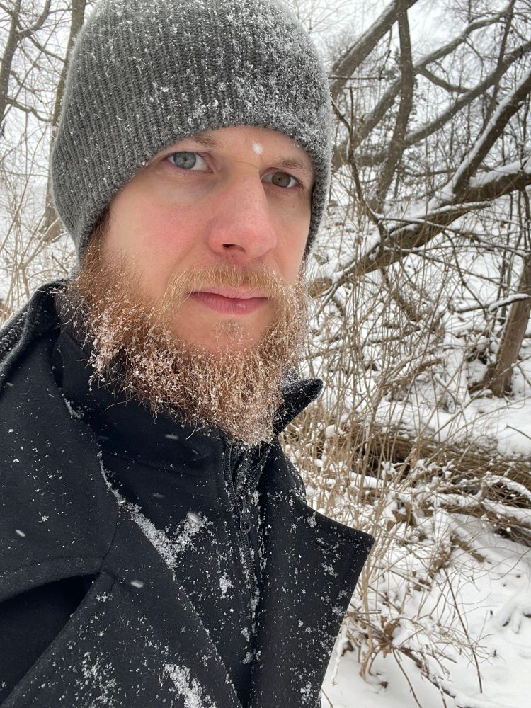 A man with red, snow-covered facial hair wearing a beanie and a pea coat, walking by trees in the snow
