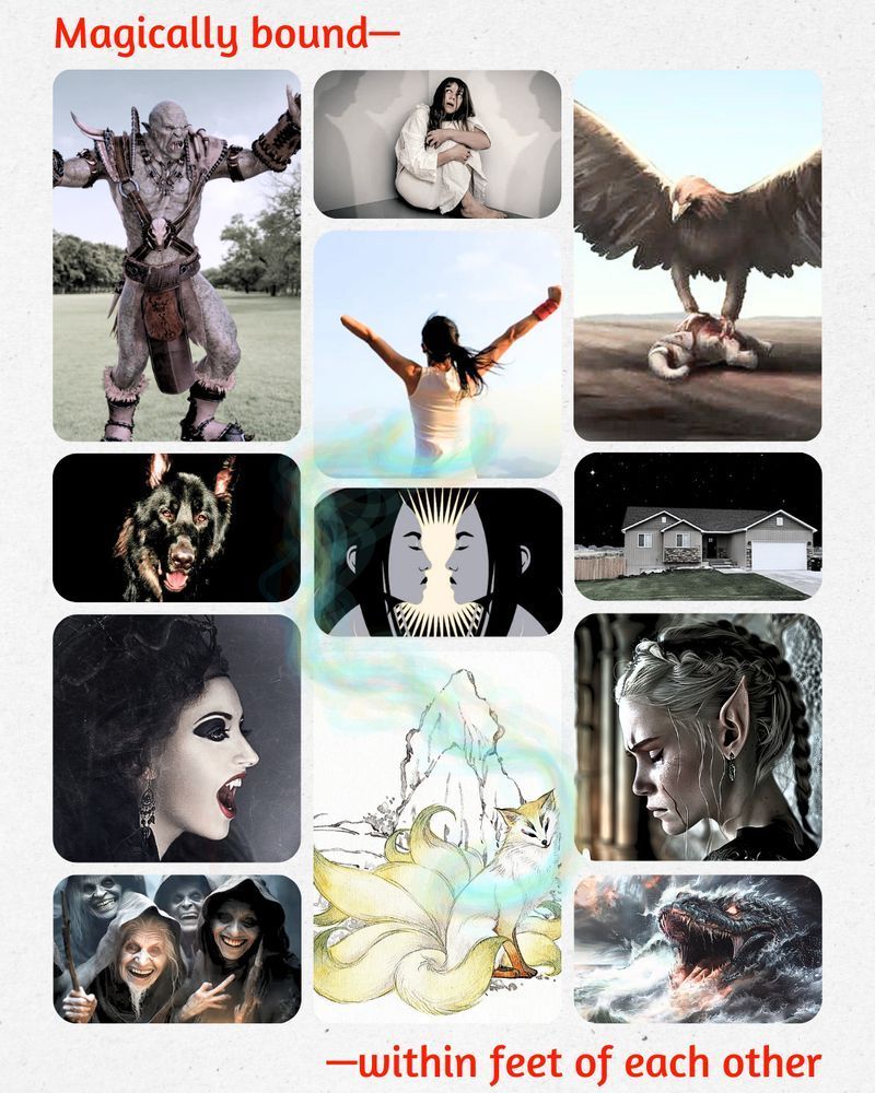 Mood board with images of an ogre, a schizophrenic girl terrified of shadows, a giant bird of prey, a fiery black dog, the heads of twin Chinese girls facing each other, a suburban house in Rigby ID at night, a female vampire of Indian lineage, a sad female elf, a coven of creepily smiling witches/warlocks, and an angry sea serpent. In the center are images of a teenage Chinese-American girl from the back missing her left hand with her arms in a V and a nine-tailed fox linked together by a whispy blue lasso. The words "Magically bound—" are in the upper left corner and the words "—within feet of each other" are in the lower right.