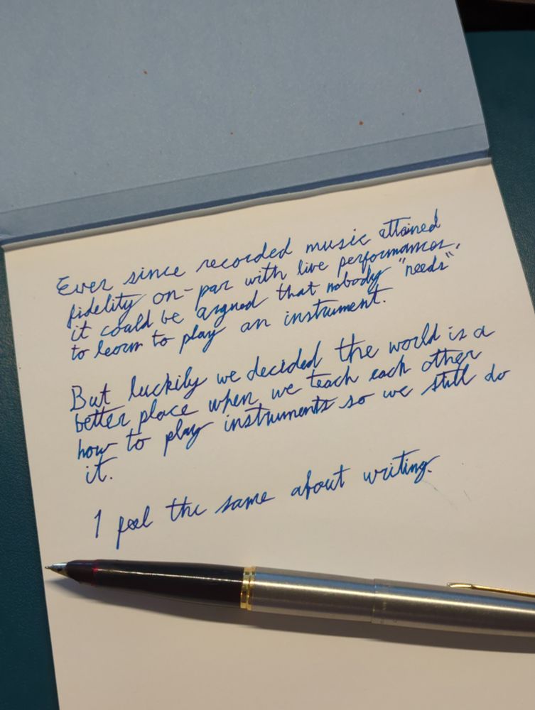 The above tweet written in (subpar) cursive with a Parker 45 fountain pen