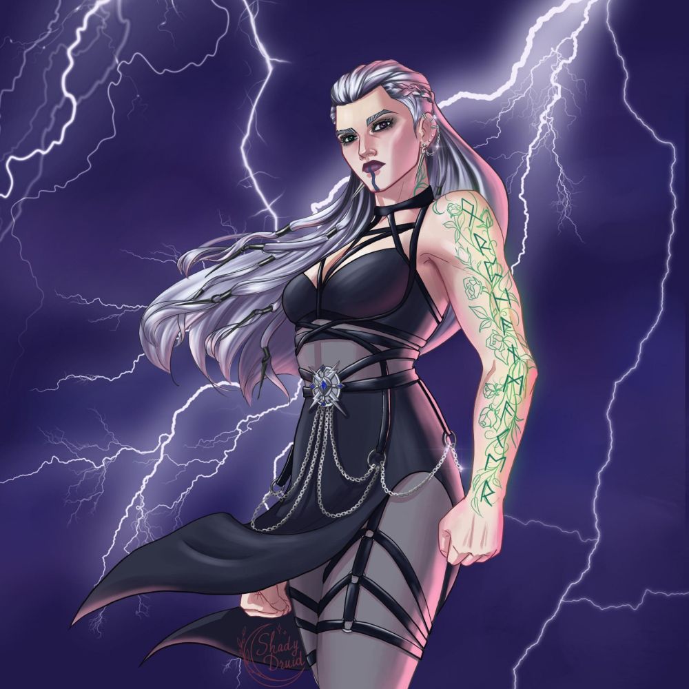 Fan art of Yasha from Critical Role's 2nd campaign, the Mighty Nein. It shows off strappy armor and a runic tattoo going down her arm while standing against a lightning background