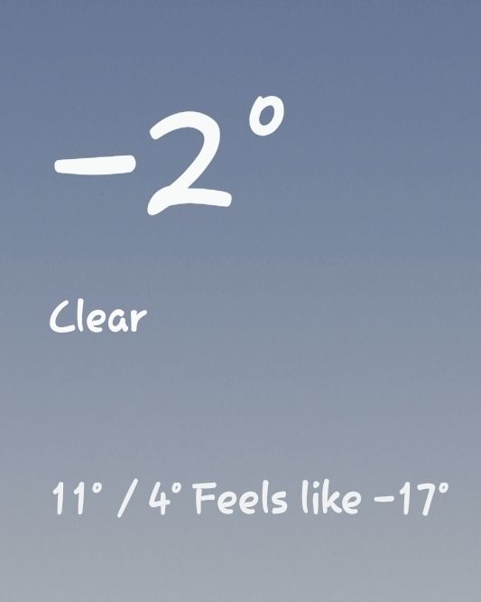 A screen grab from a weather app showing actual temperature as -2 F with a Feels Like temperature of -17 F