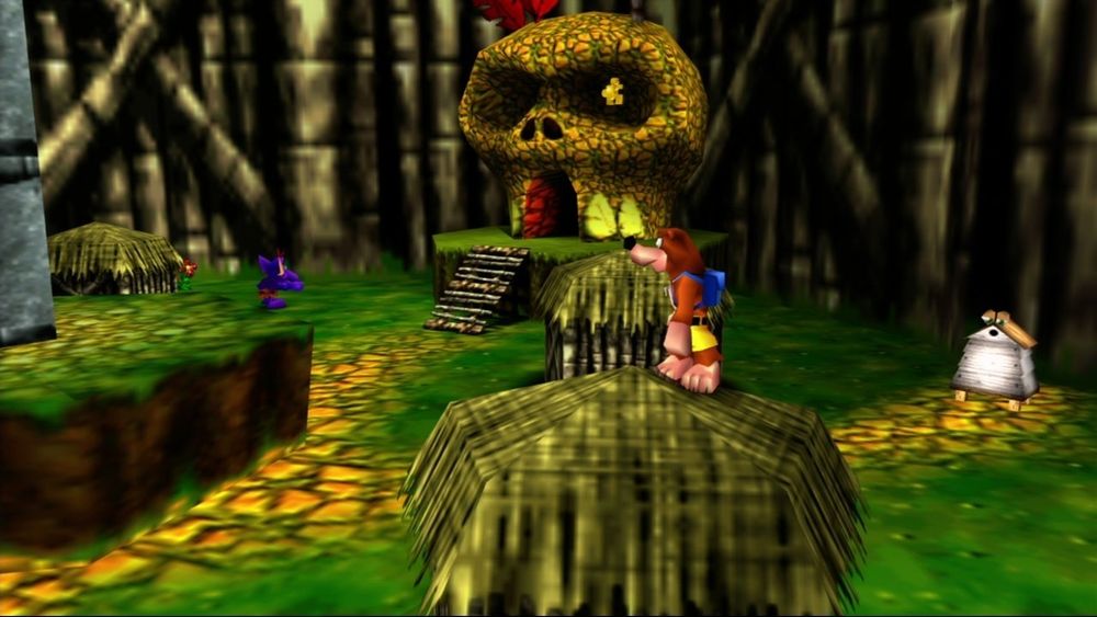 A screen grab of gameplay in the N64 game Banjo-Kazooie in the middle of the Mumbo's Mountain level