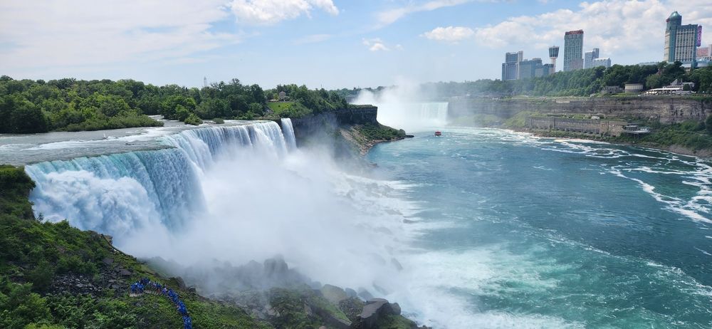 View of Niagara Falls from the observation desk on the American side on a partially cloudy day