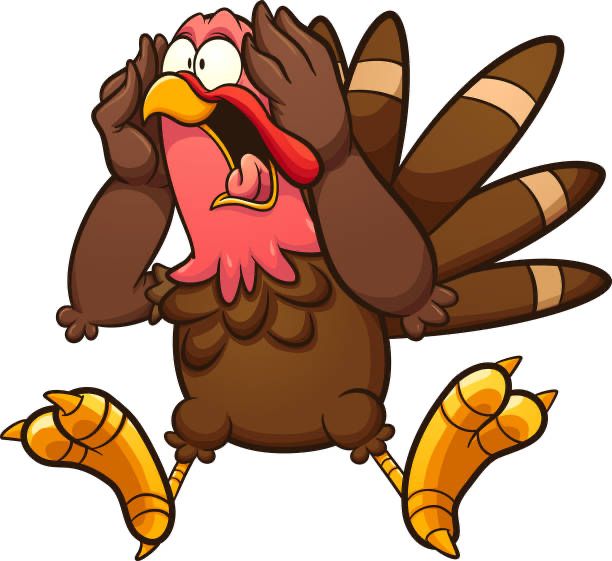 Cartoon depiction of a terrified turkey.