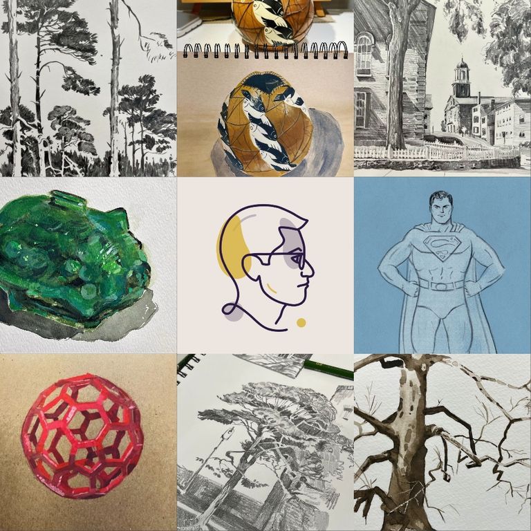 8 drawings and paintings from 2024 and Josh Crain in the center. 