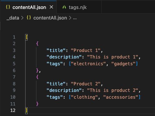 JSON file with two products, descriptions and sets of tags