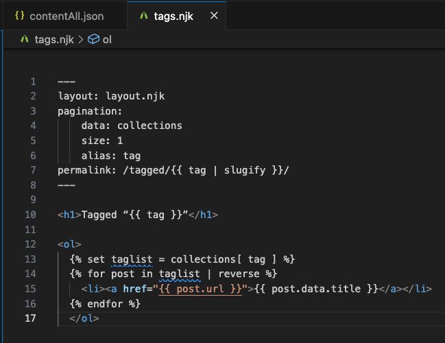 Nunjucks file Zero Maintenance Tag Page for Eleventy.