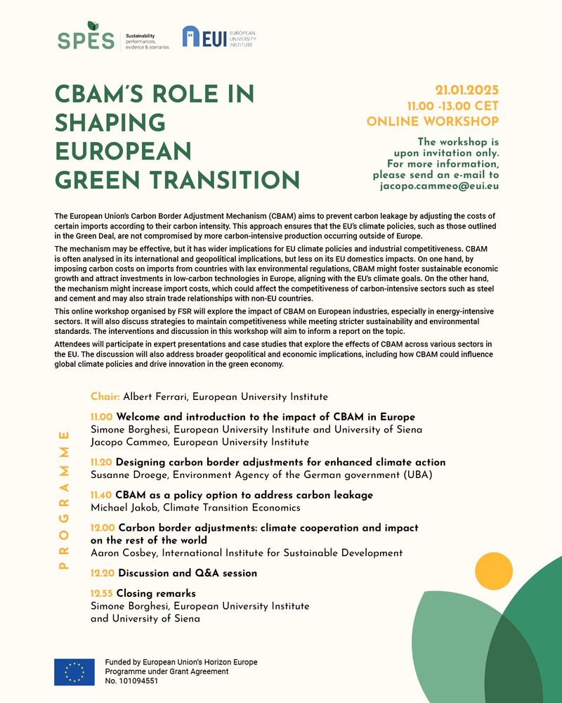 Flyer for CBAM role in shaping European Green transition workshop by SPES and EUI jan 21 2025 