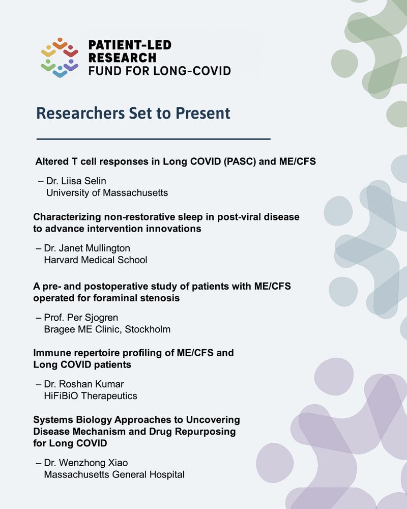 list of researchers presenting, including on T cell responses, foraminal stenosis in ME/CFS patients, and more