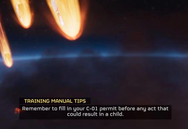Screenshot from HELLDIVERS 2 featuring the training manual tip about the C-01 permit, stating, “Remember to fill in your C-01 permit before any act that could result in a child.”