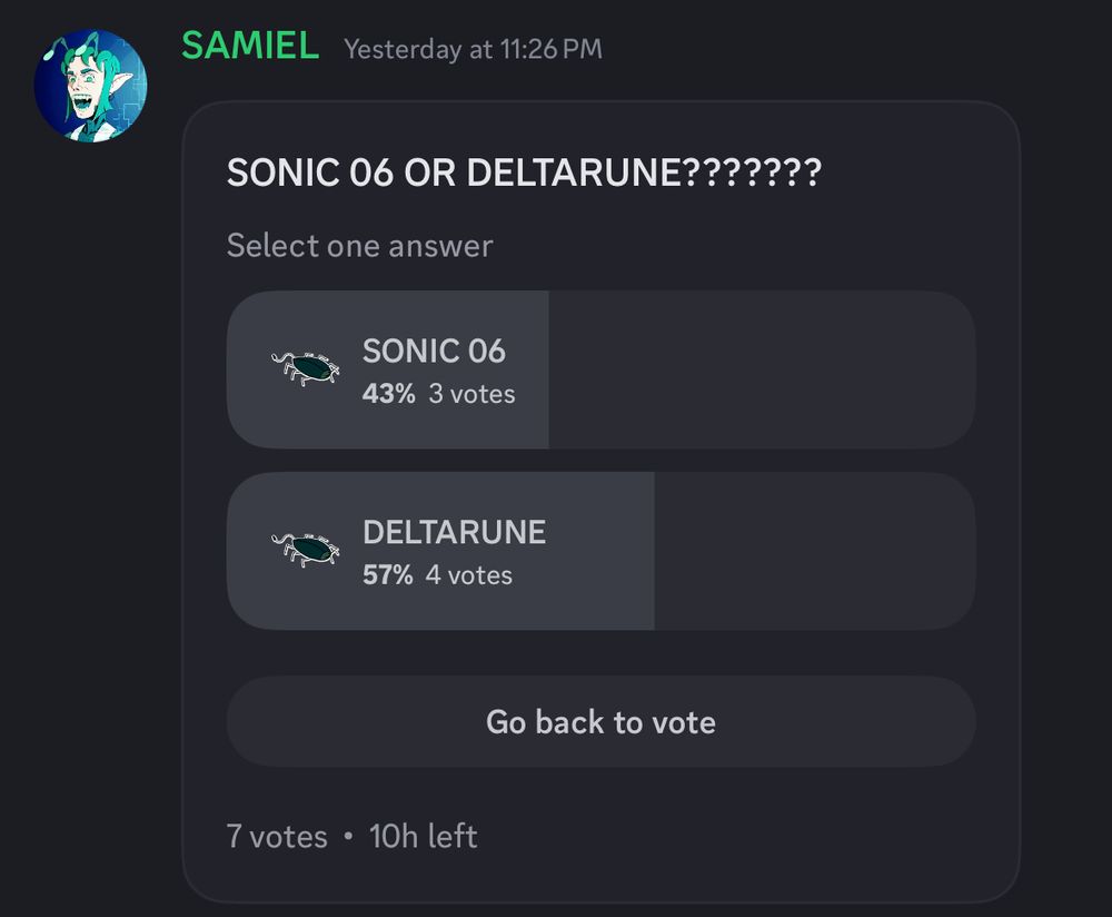 A discord screenshot of a poll featuring sonic 06 and deltarune, with the current results being 3 votes for sonic and 4 votes for deltarune. There is 10 hours left on the poll as of the time of the screenshot.
