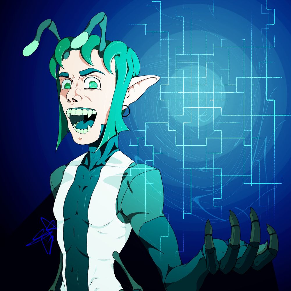 A half-body drawing of SAMIEL STARCHILD with a devious open-mouthed expression, holding a floating orb of light.