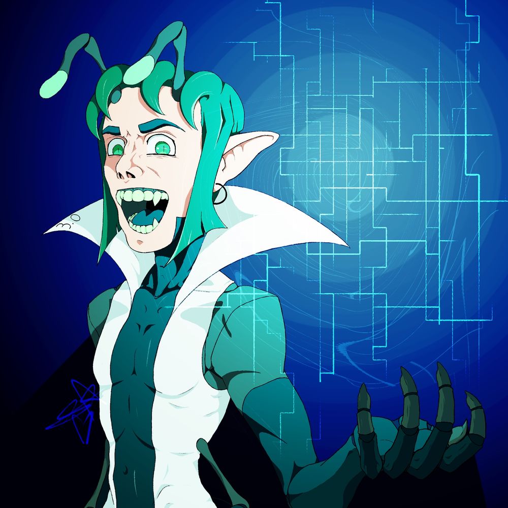 A half body drawing of SAMIEL STARCHILD, shown with a devious open-mouthed expression, holding a floating blue glowing orb.