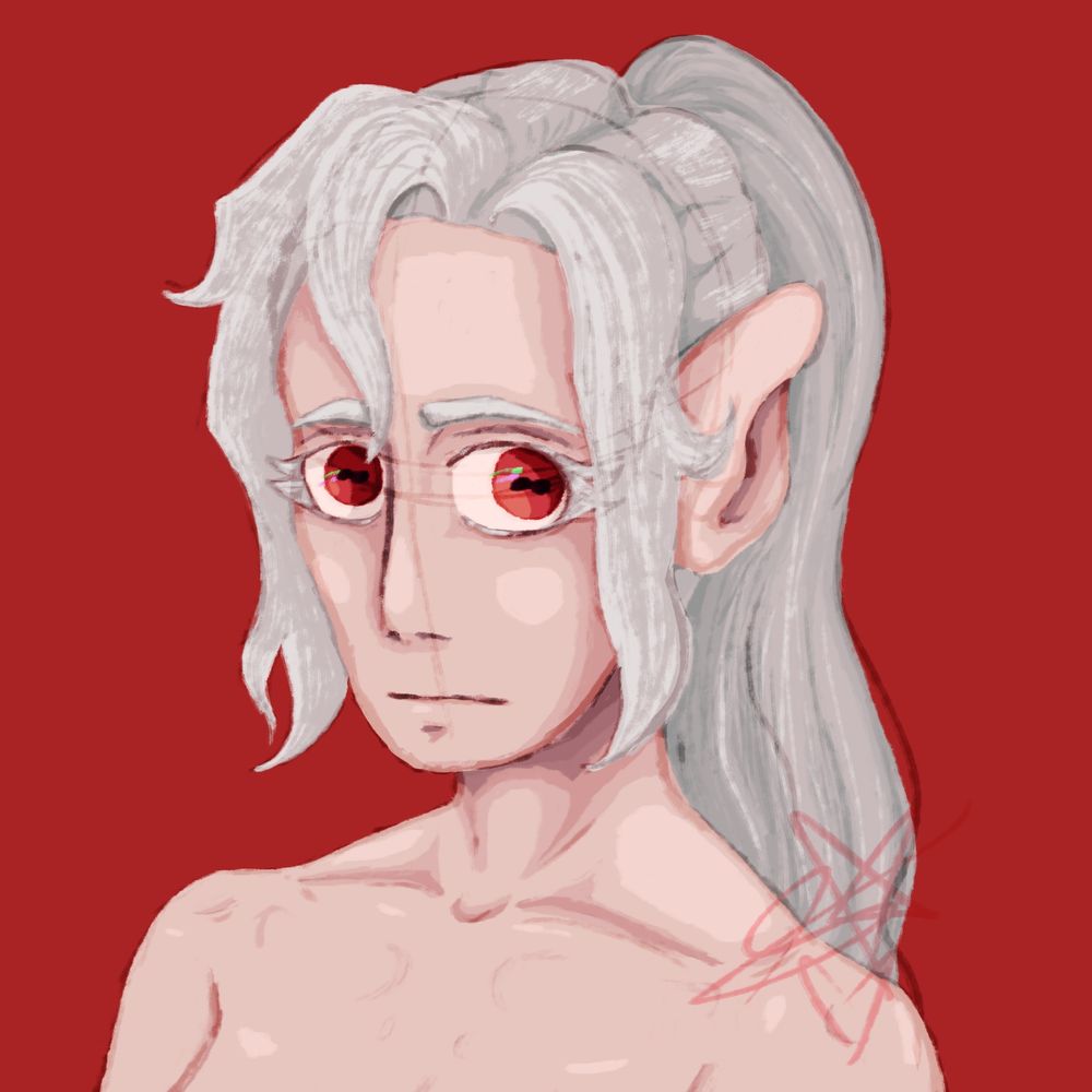 A bust of a humanoid character with albinism. Her hair is tied up in a ponytail. She is looking up at the viewer. The style is a shaded lineless style. The sketch is overlayed on top of the drawing.