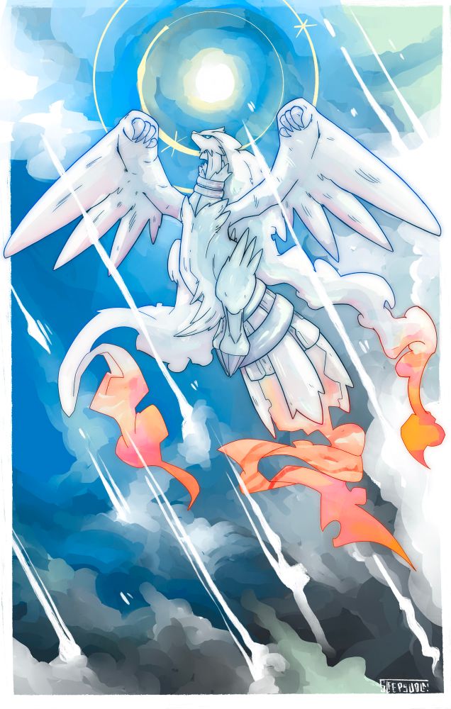 Reshiram a white dragon pokemon flying in the clouds. 