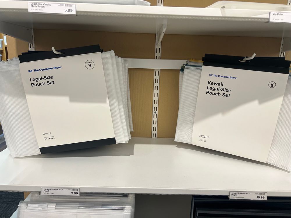 Two storage items at the Container Store. On the left is the “Legal-Size Pouch Set”. On the right is the nearly identical “Kawaii Legal-Size Pouch Set”.